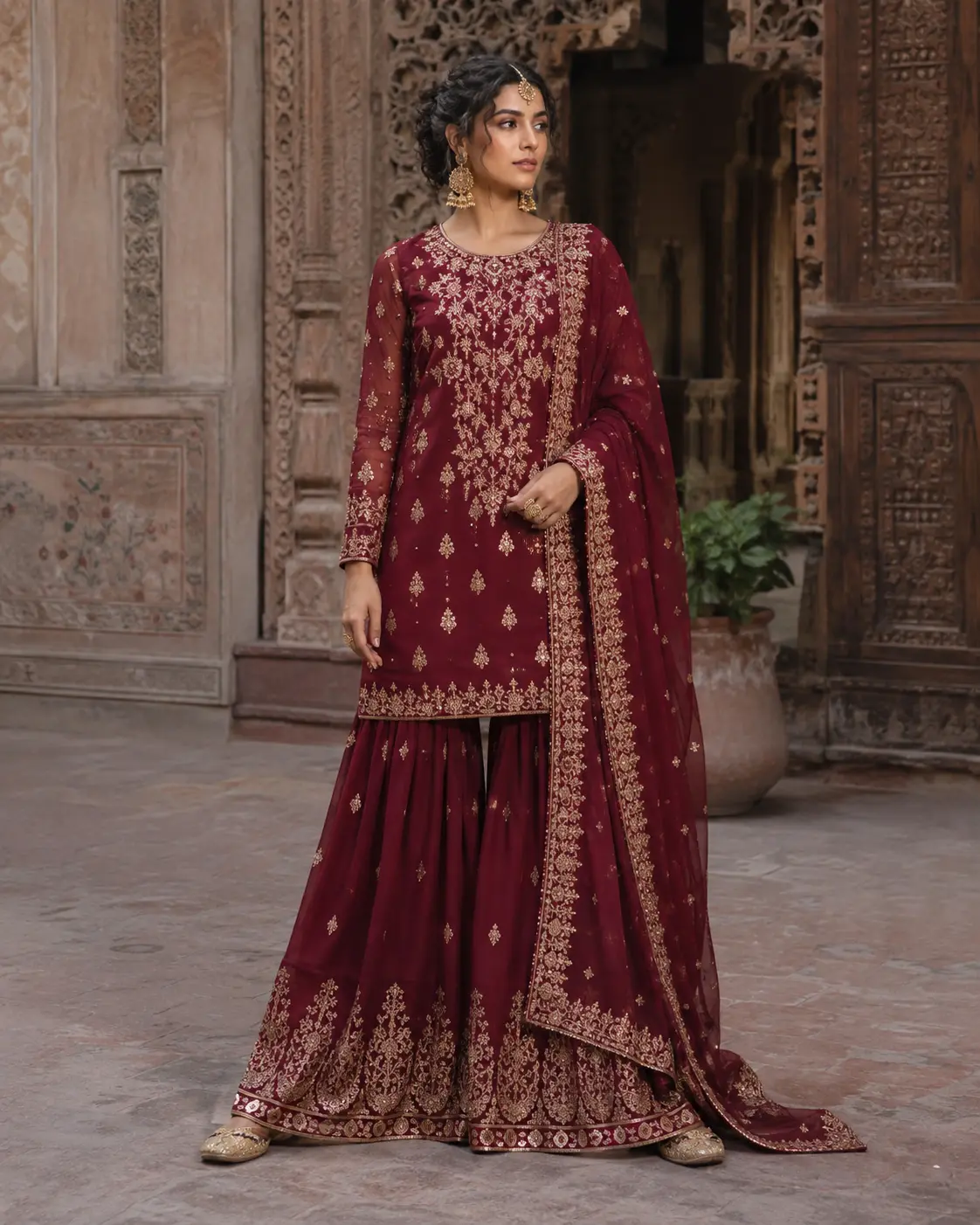 Model wearing Afsana ruby sharara