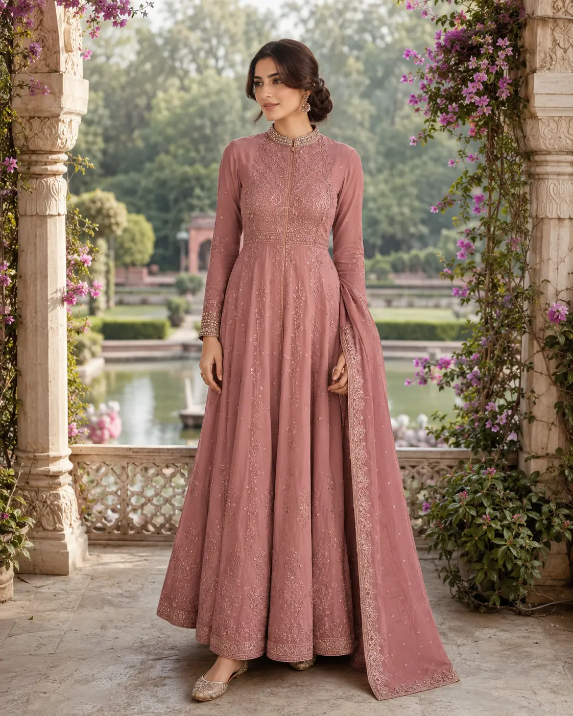 Model wearing Gul antique-rose Anarkali
