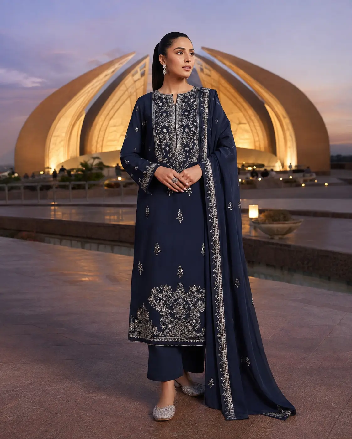Model wearing Sitara navy-silver formal