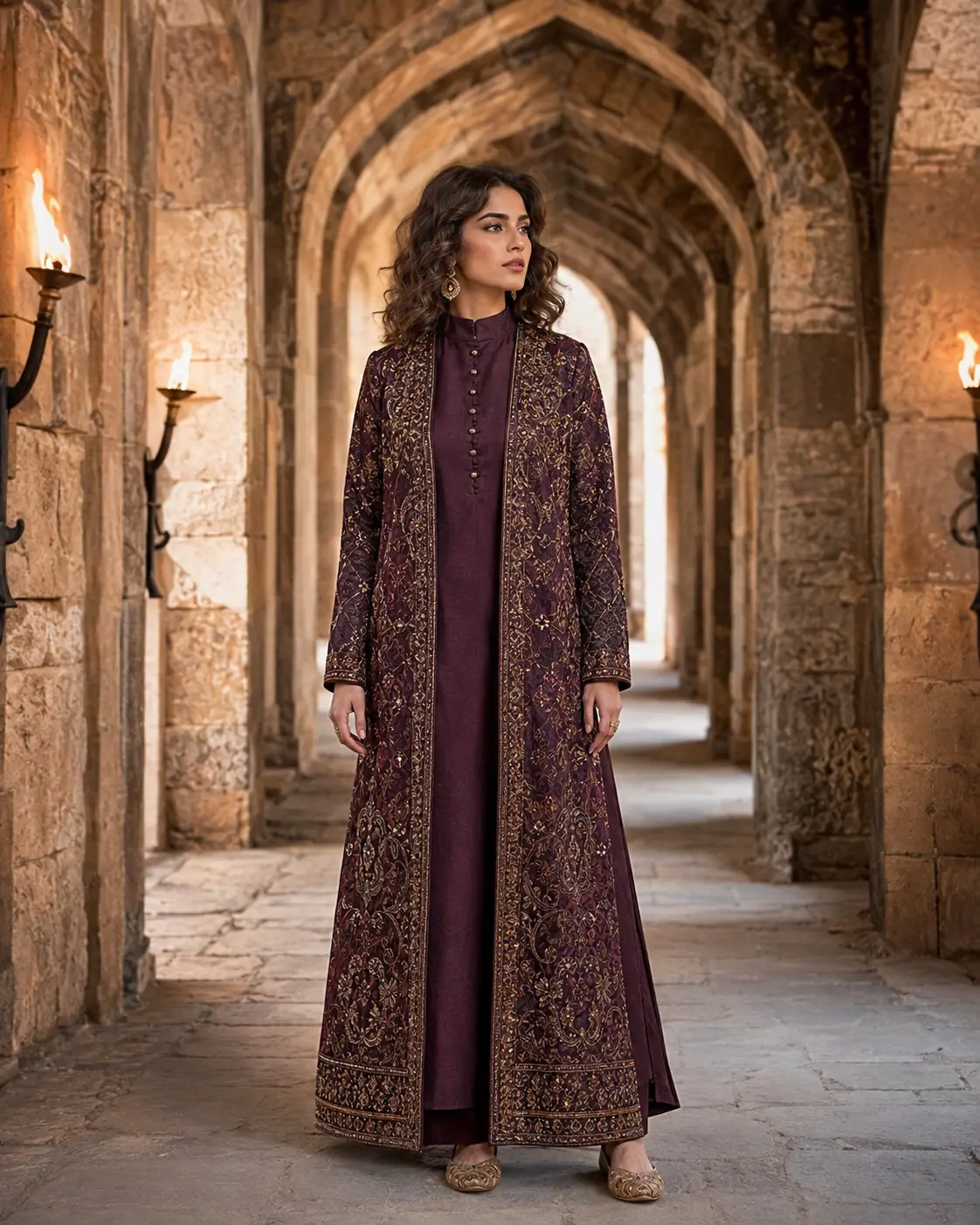 Model wearing Heer plum brocade coat